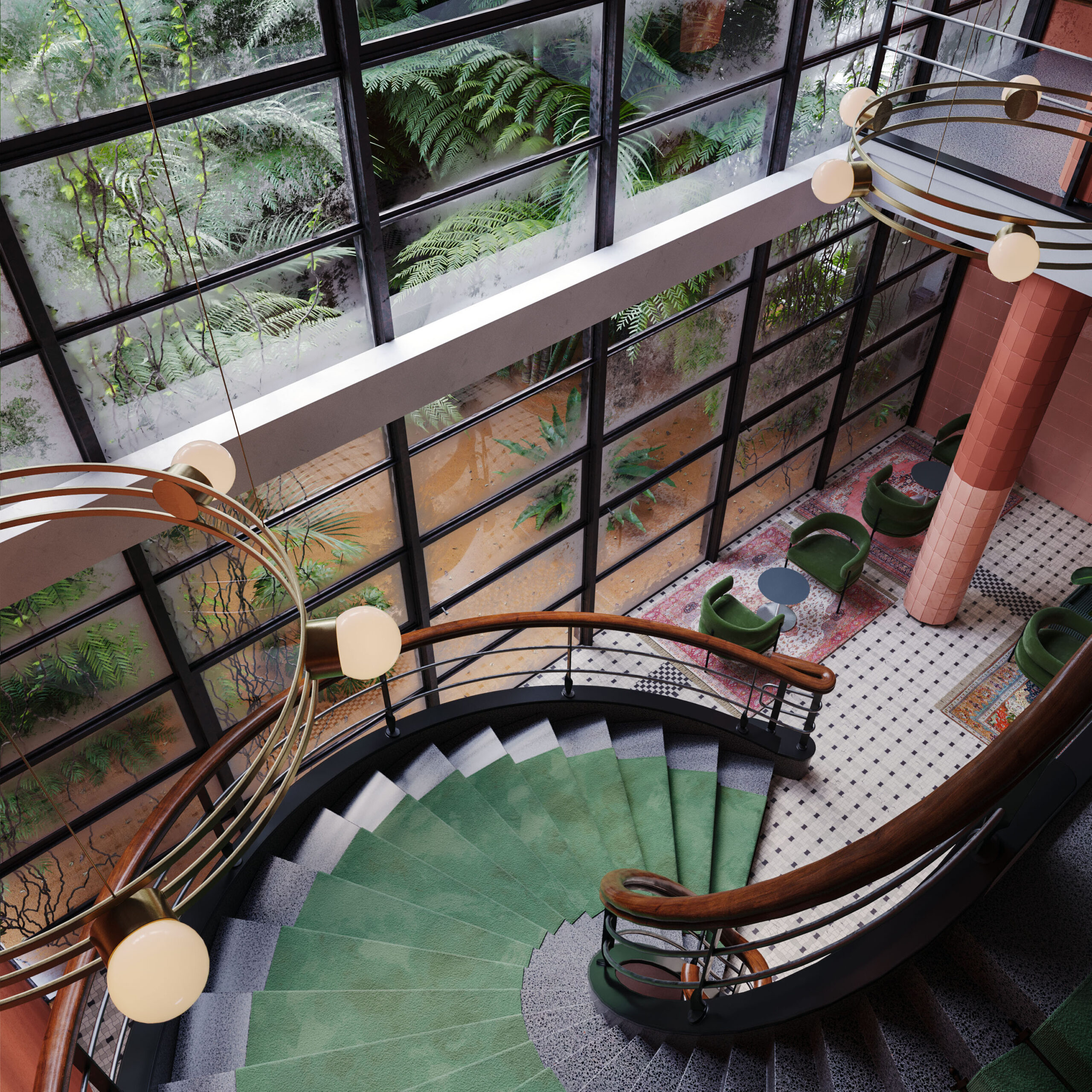 3d Visualization render of a spiral staircase in the lobby of old hotel with the abandoned greenhouse