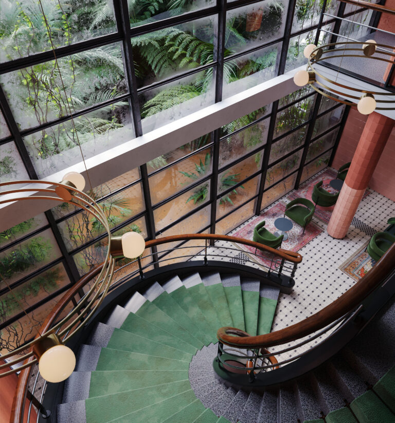 3d Visualization render of a spiral staircase in the lobby of old hotel with the abandoned greenhouse