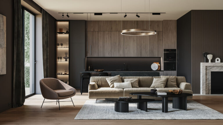 An architectural visualisation of a living room with featuring a circular brass lamp