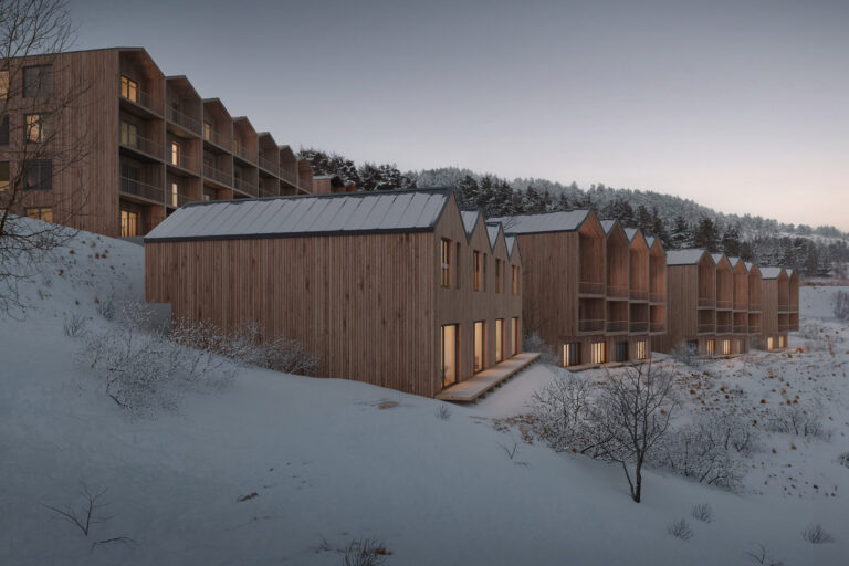 Architectural visualisation of a multi-residential building in the polish mountains in winter