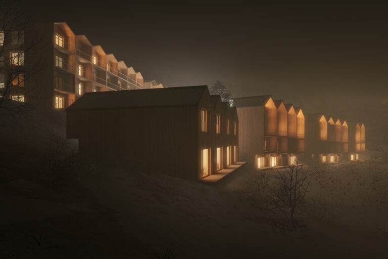 Architectural visualisation of a multi-residential building in the polish mountains in winter at night